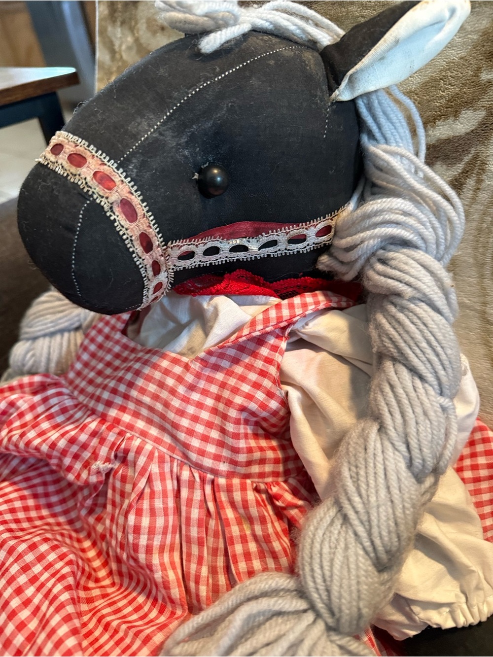 Handmade Black Horse Rag Doll in Red Gingham Dress - Picture 2 of 2